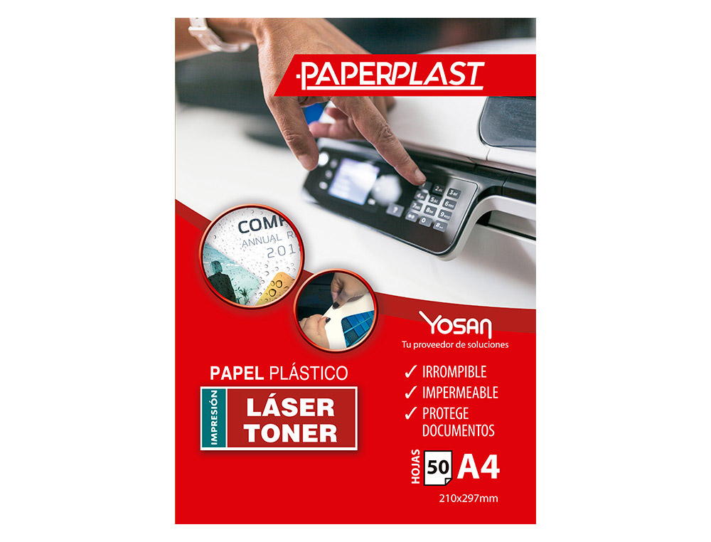 PAPEL PLASTICO YOSAN PAPERPLAST POLIESTER BLANCO BRILLO DIN A4 200 MC IMPRIMIBLE PAQUETE DE 50 HOJAS