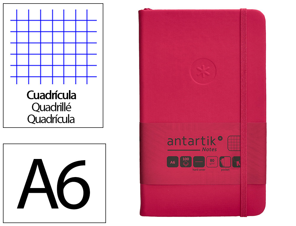 CUADERNO CON GOMILLA ANTARTIK NOTES TAPA DURA A6 HOJAS CUADRICULA BURDEOS 100 HOJAS 80 GR FSC