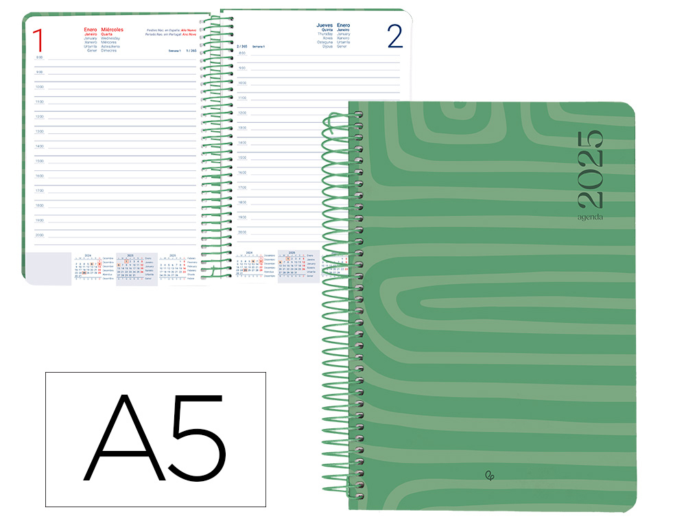 AGENDA ESPIRAL LIDERPAPEL SYROS A5 2025 DIA PAGINA COLOR VERDE PAPEL 60 GR