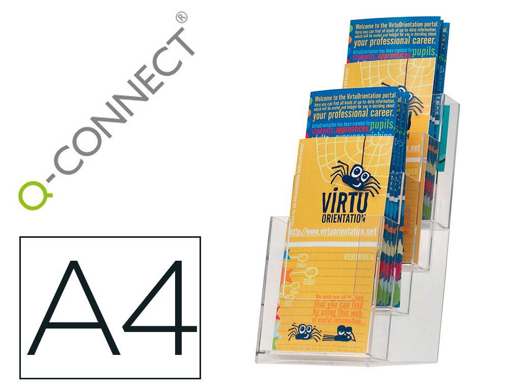 EXPOSITOR SOBREMESA Q-CONNECT METACRILATO 1/3 DIN A4 PARA TRIPTICOS 4 COMPARTIMENTOS 110X155X265 MM