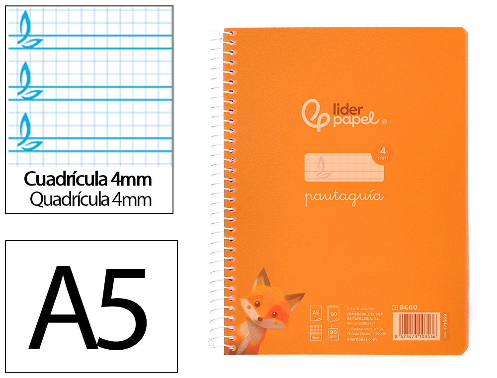 CUADERNO ESPIRAL LIDERPAPEL DIN A5 PAUTAGUIA TAPA PLASTICO 80H 90GR CUADRO PAUTADO 4MM COLOR NARANJA