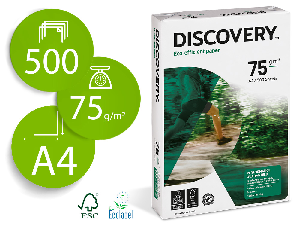 PAPEL FOTOCOPIADORA DISCOVERY DIN A4 75 GRAMOS PAPEL MULTIUSO INK-JET Y LASER PAQUETE DE 500 HOJAS